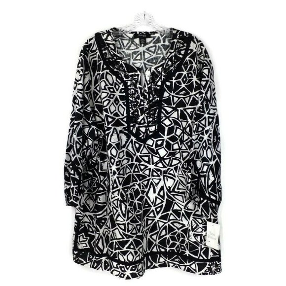 Style & Co Woman Black White Tile Print 3/4 Sleeve 100% Linen Tunic Top 24W - Picture 1 of 11